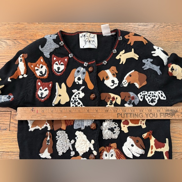 Vintage 1997 Michael Simon Dog Appliqué Black Knit Cardigan Sweater Size S - Picture 9 of 11